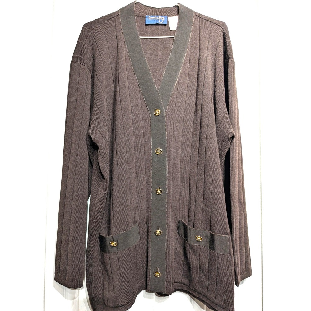 Country Shop Sweater Women L Brown Merino Wool Italy Button Up Knit Cardigan EUC